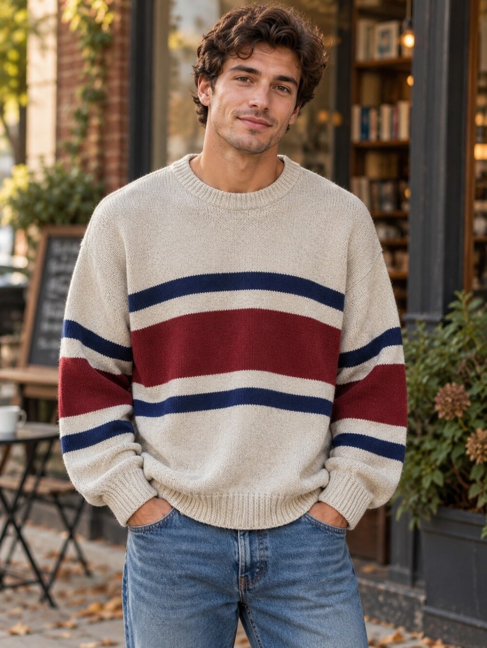 VTG 90s Authentic Issue 90 Mens L Stripe Sweater 100% Cotton Made in USA Grandpa